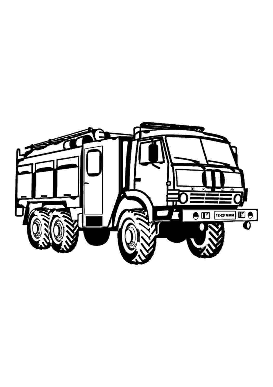 Раскраска Червоний вантажний автомобіль, який допомагає боротися з пожежею. Навчальні розмальовки.