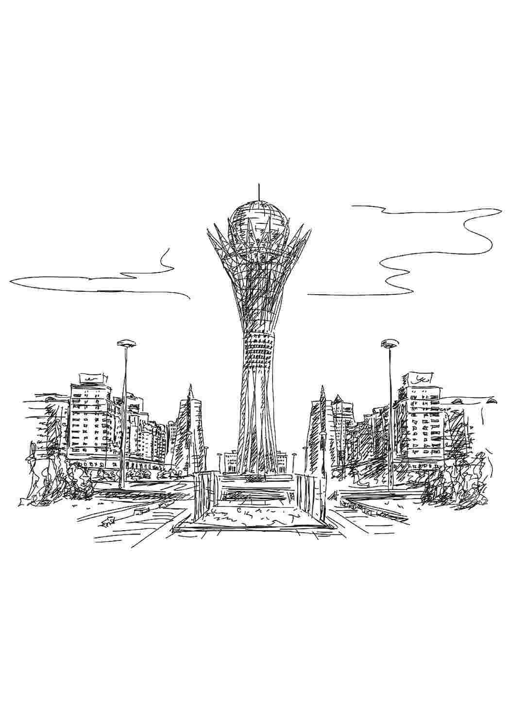 Раскраска Цікаві розмальовки розмальовка Байтерек. Онлайн розмальовки.