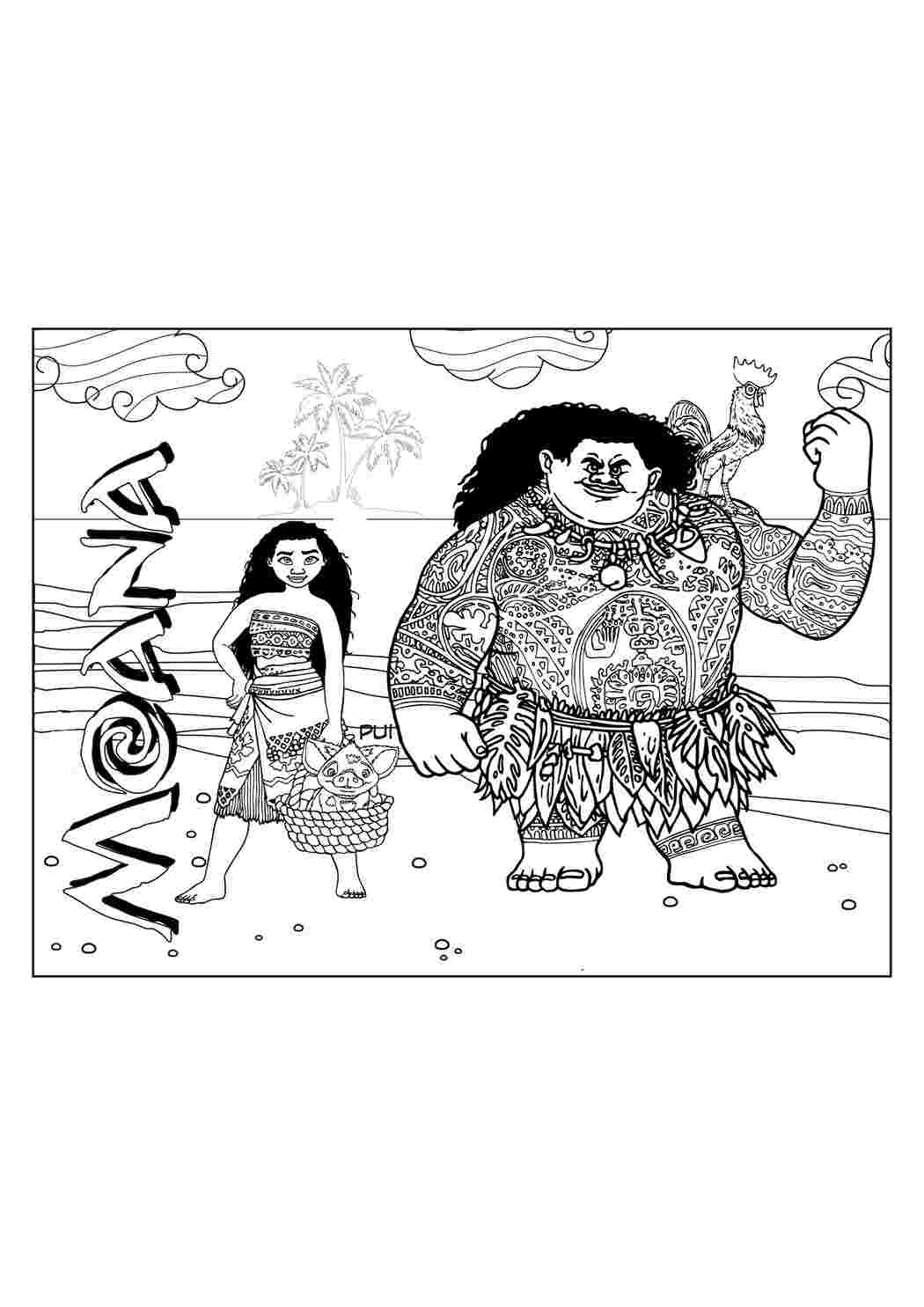 Раскраска Моана та Мауї. Друкувати розмальовку.