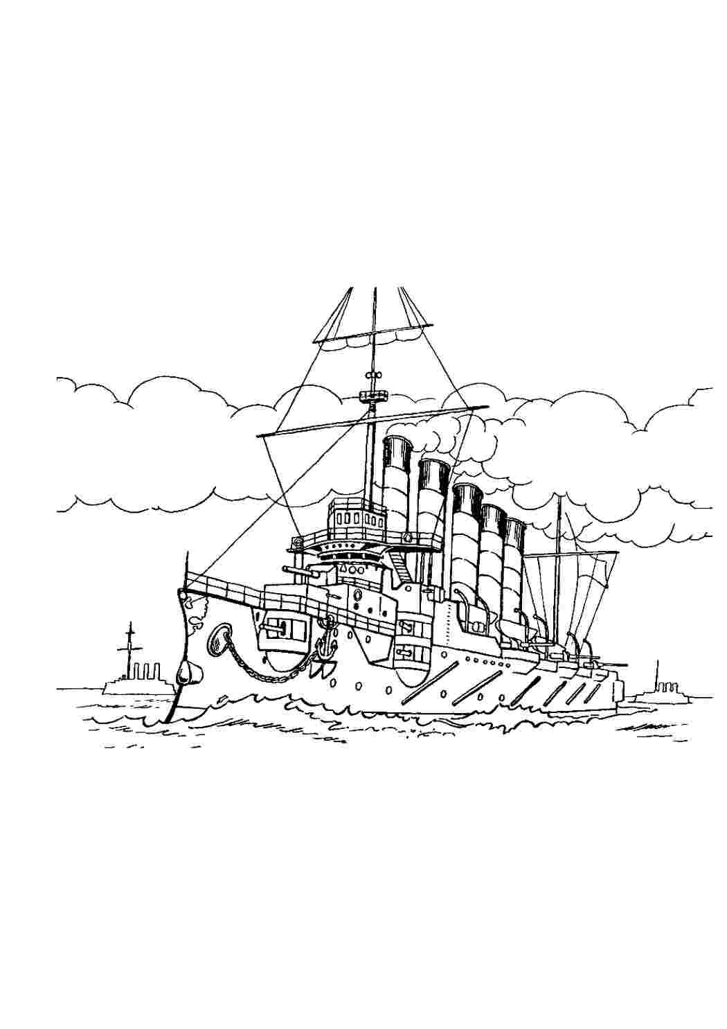 Раскраска Розфарбування Розфарбування крейсера "Аврора" роздрукувати. Розфарбування для розвитку.