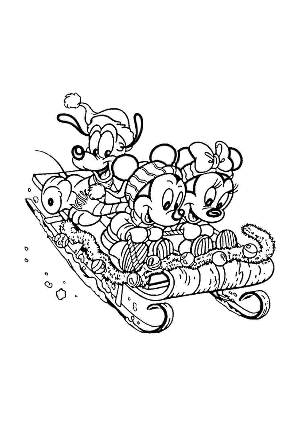 Раскраска Плуто та маленькі Міккі та Мінні Маус котяться з гори на різдвяних санях – розмальовка. Розмальовка без реєстрації.