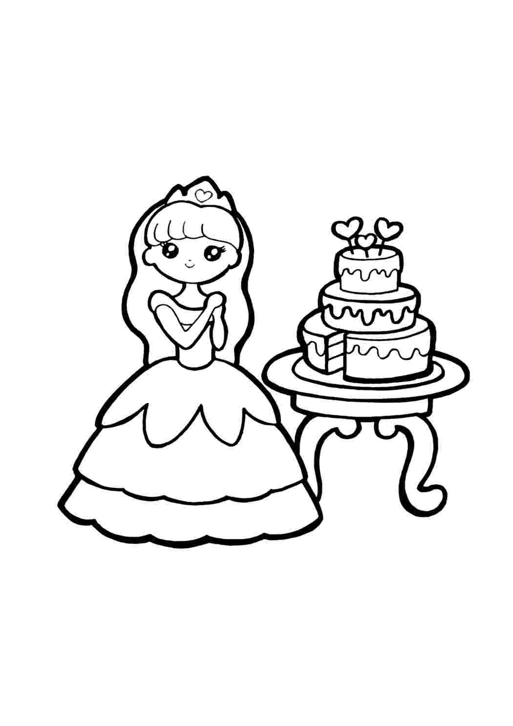 Раскраска Розмальовка Принцеси для дівчаток Принцеса та торт. Роздрукувати розмальовки на сайті.