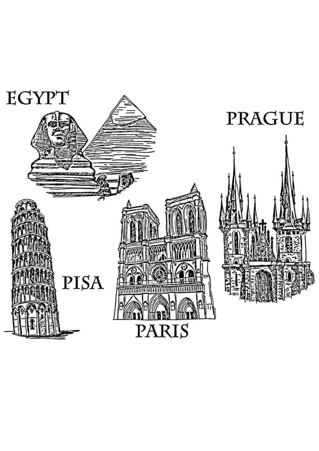 Раскраска Піза, Єгипет, Париж і Прага. Розфарбування.
