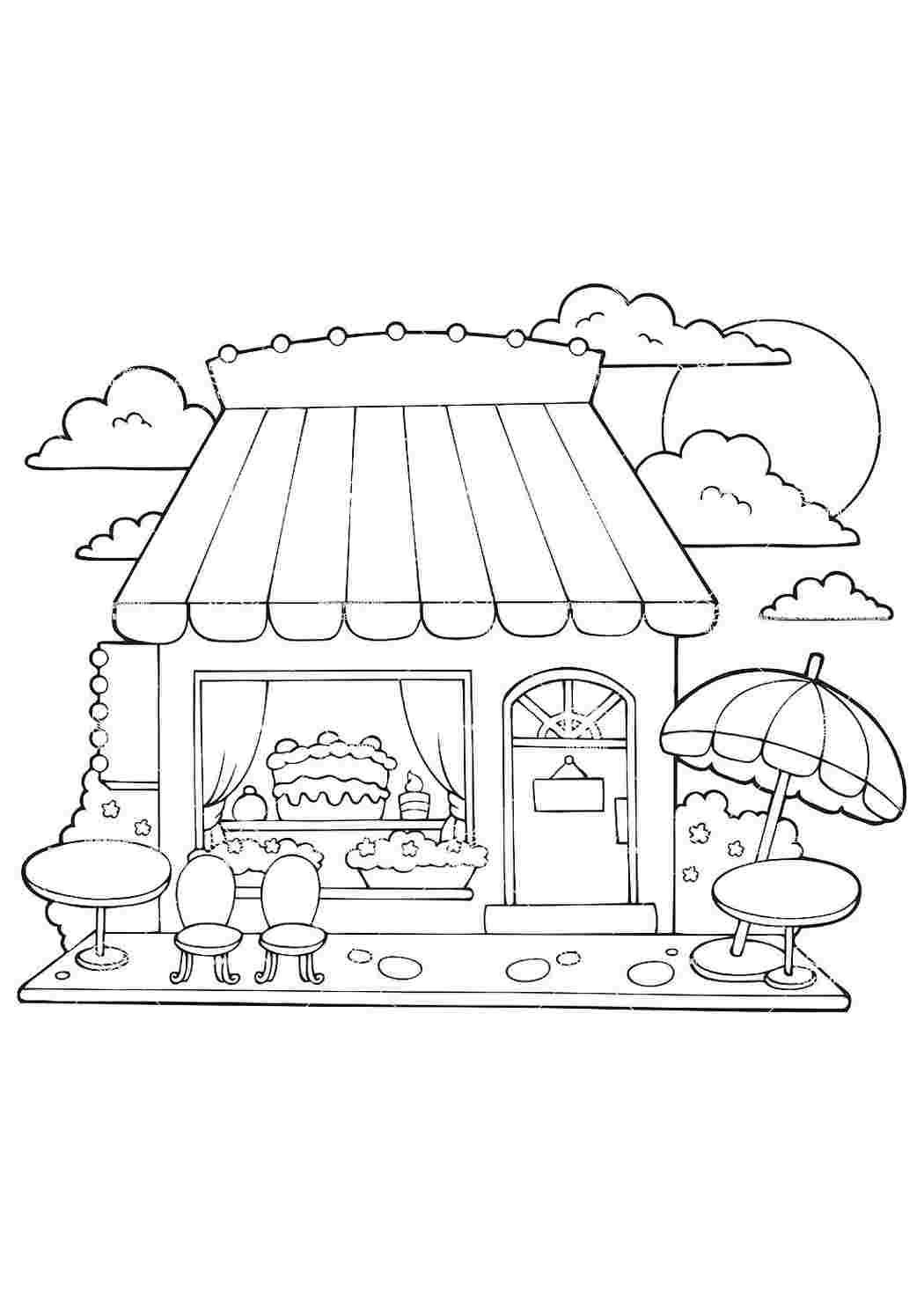 Раскраска Розфарбування кафе. Безкоштовно знайти розфарбування.