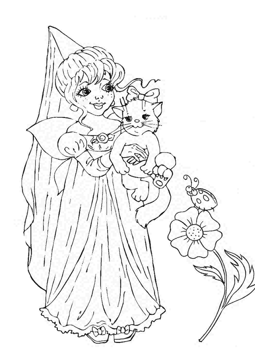 Раскраска Чарівниця з котиком. Розмальовки для розвитку.