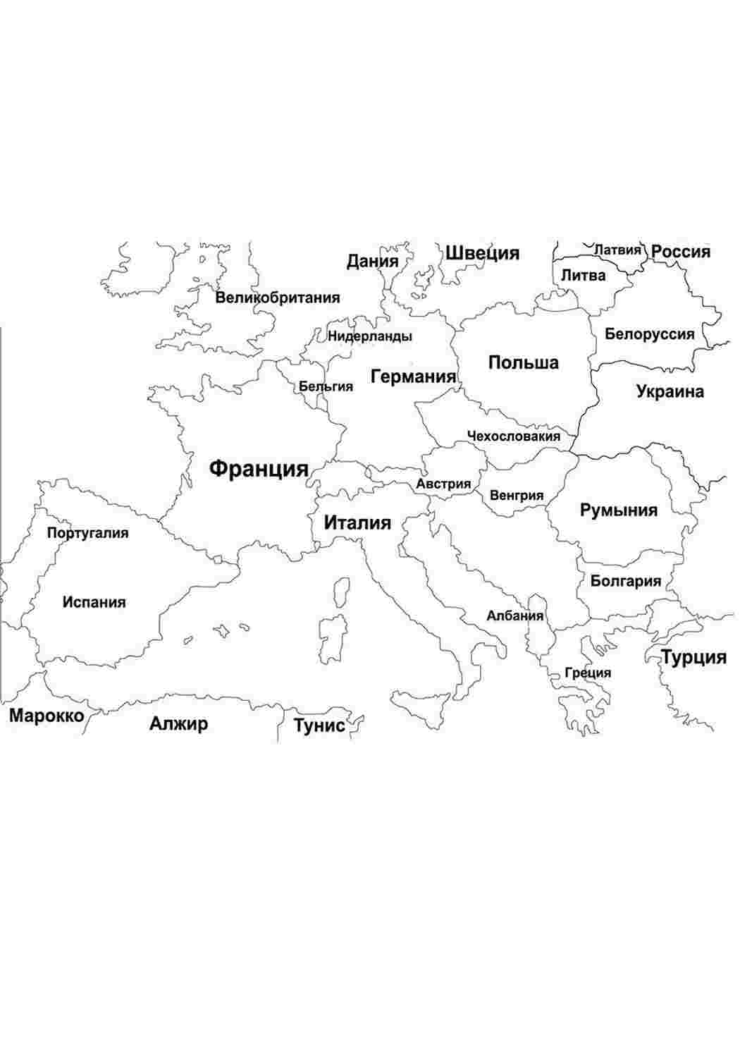 Раскраска Карта Європи Країни. Розмальовка без реєстрації.