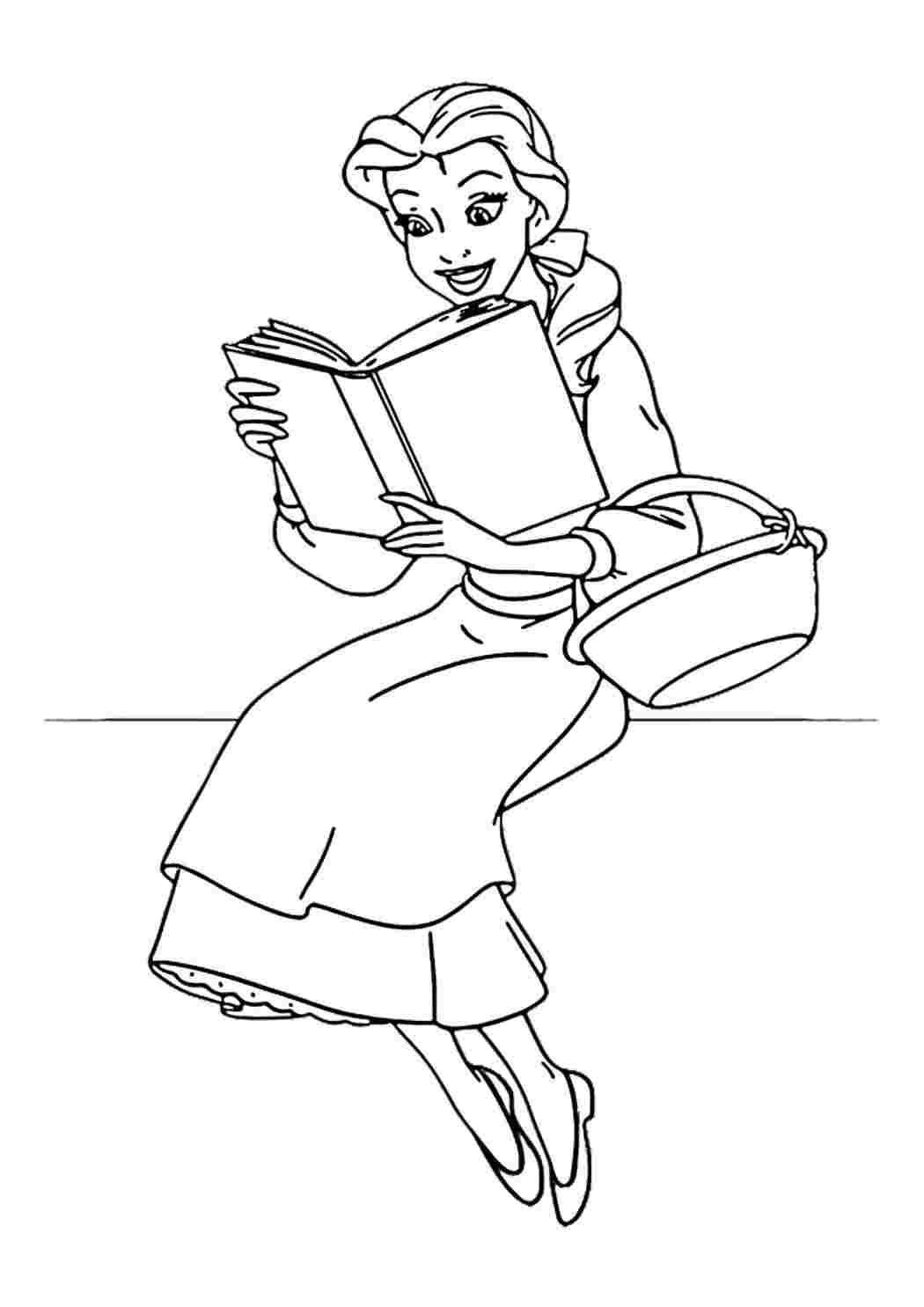 Раскраска Бель читає книгу. Завантажити розмальовки безкоштовно.