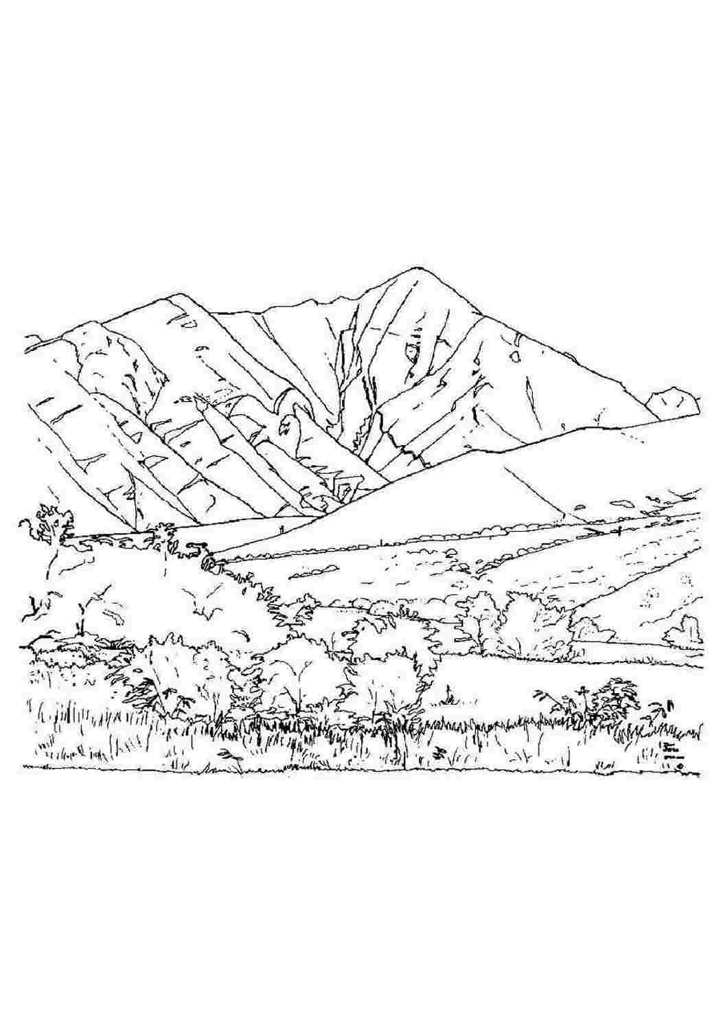 Раскраска Пейзаж з горами. Розфарбування без СМС.