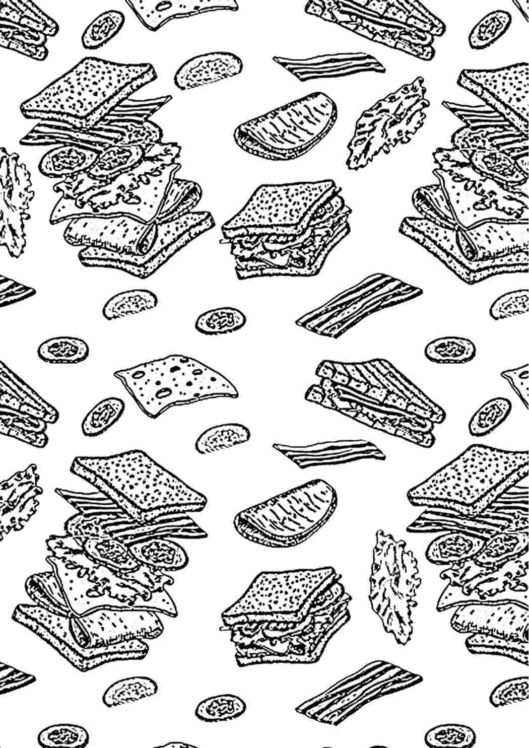 Раскраска Купа продуктів для фастфуду на одному зображенні. Безкоштовно знайти розмальовку.