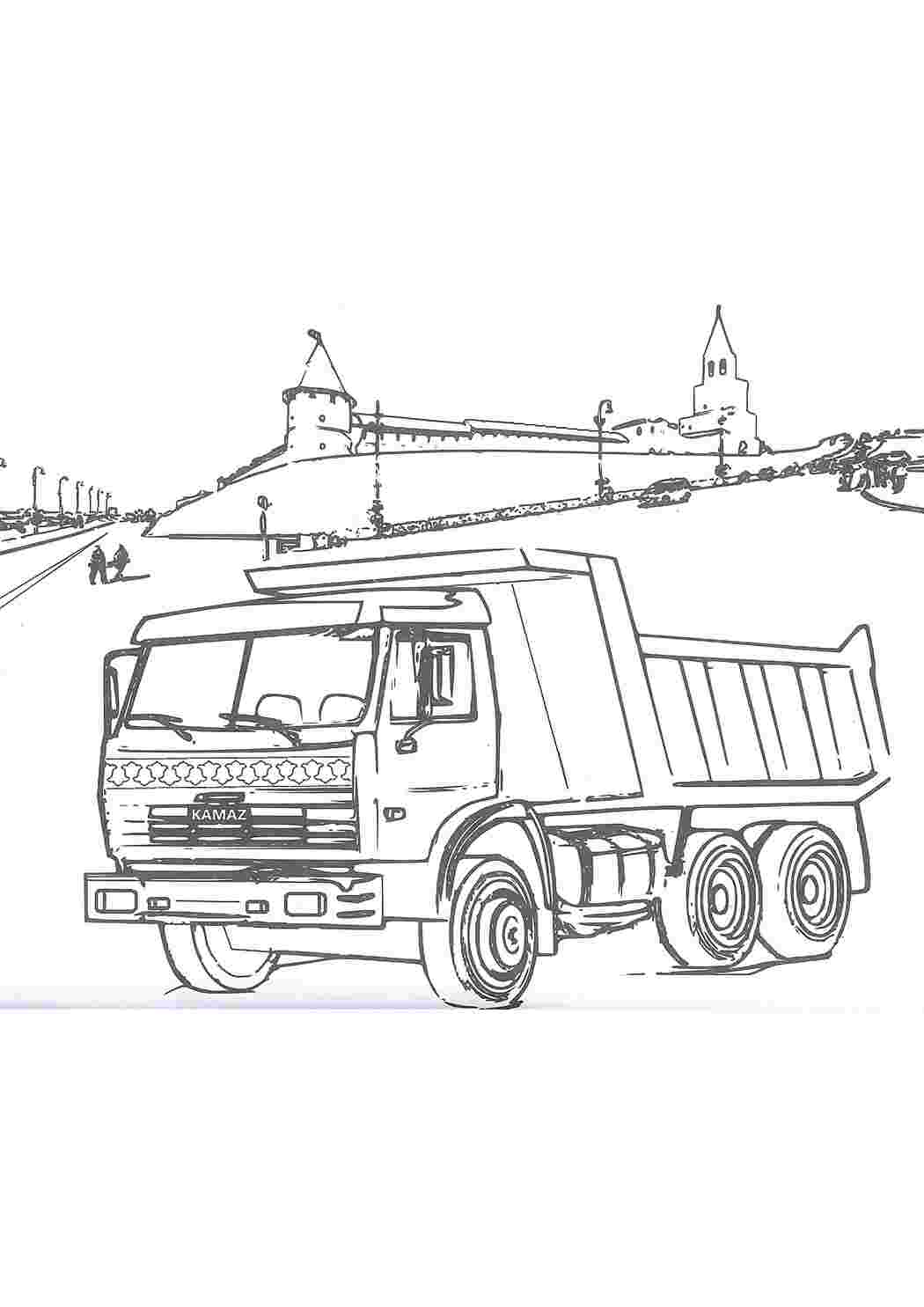 Раскраска КамАЗ у місті. Цікаві розмальовки.