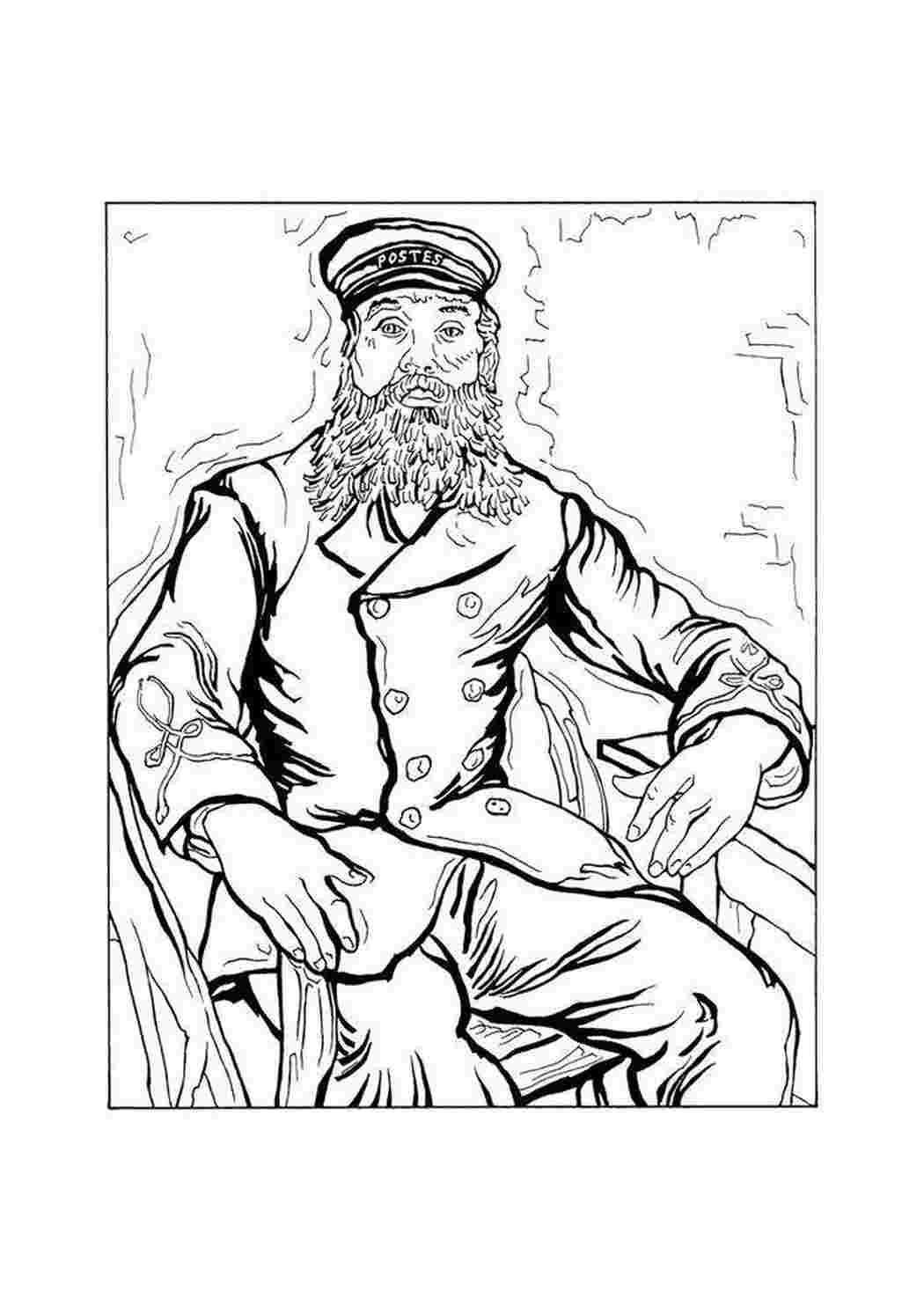 Раскраска Розфарбувати Розфарбувати Портрет поштаря Жозефа Рулена (1888) роздрукувати. Роздрукувати розмальовки на сайті.