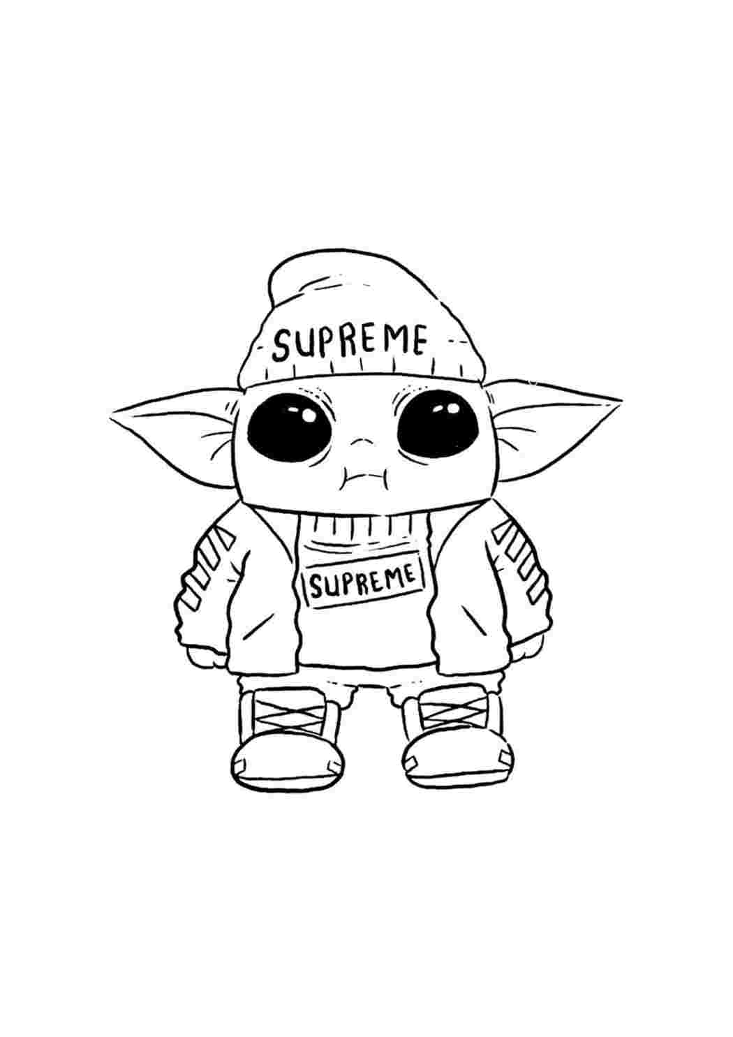Раскраска Розфарбування Бебі Йоди в модному костюмі Supreme. Роздрукувати розмальовки на сайті.